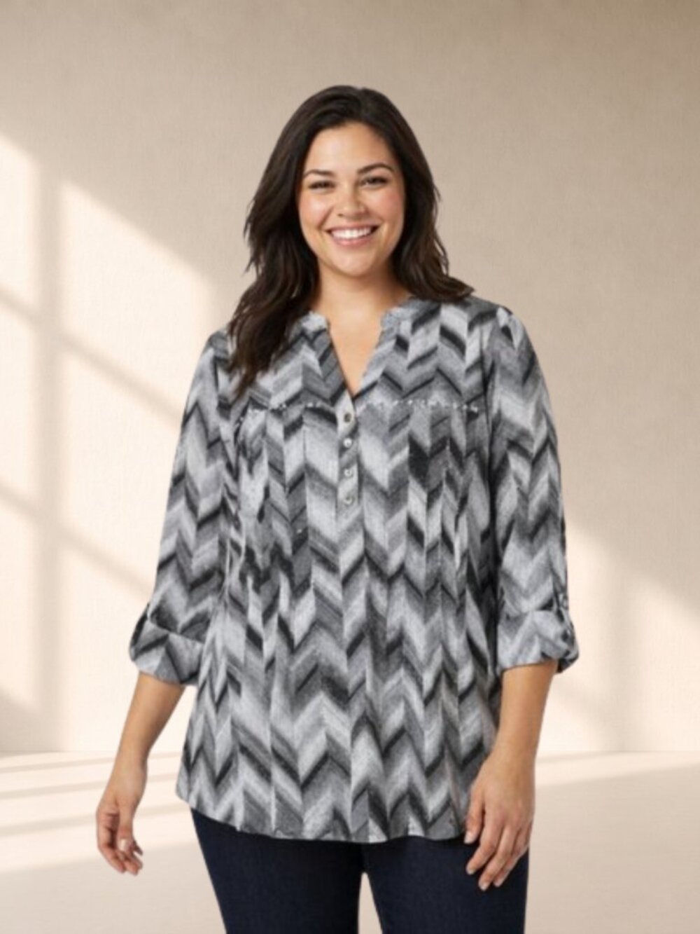 Cocomo Black White Chevron Studded Blouse Top Plus Size 2X Roll Tab Career